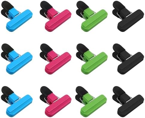 12Pcs Reusable Food Bag Clips for Sealing - Airtight Kitchen & Freezer Bag Clips, 4 Colours, Strong Grip for Snacks, Bread, Pet Food - Ideal for Home