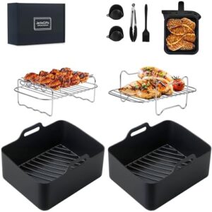 8 Pcs Silicone Air Fryer Liners for Ninja Dual Zone Air Fryer AF400UKCP AF400UK AF451UK DZ400UK, Reusable Non-Stick Basket Mats Accessories Set Compatible with Ninja Foodi MAX 9.5L Dual Zone, Black